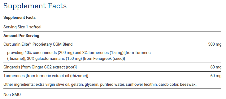 Tabela Nutricional Advanced Curcumin Elite™ Turmeric Extract, Ginger & Turmerones