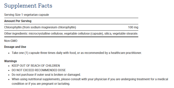 Tabela Nutricional Chlorophyllin 100 mg