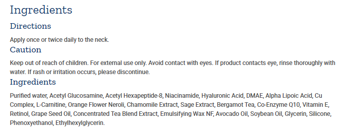 Tabela Nutricional Neck Rejuvenating Anti-Oxidant Cream