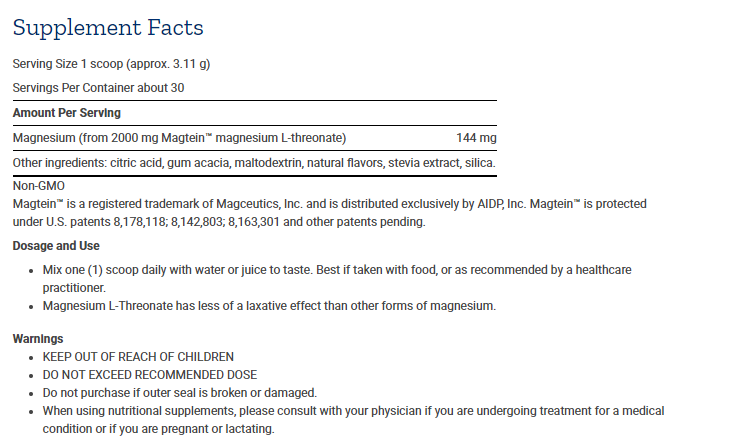 Tabela Nutricional Neuro-Mag® Magnesium L-Threonate (Tropical Punch)