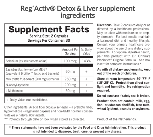 Tabela Nutricional RegActiv - Detox & Liver Health by Essential Formulas
