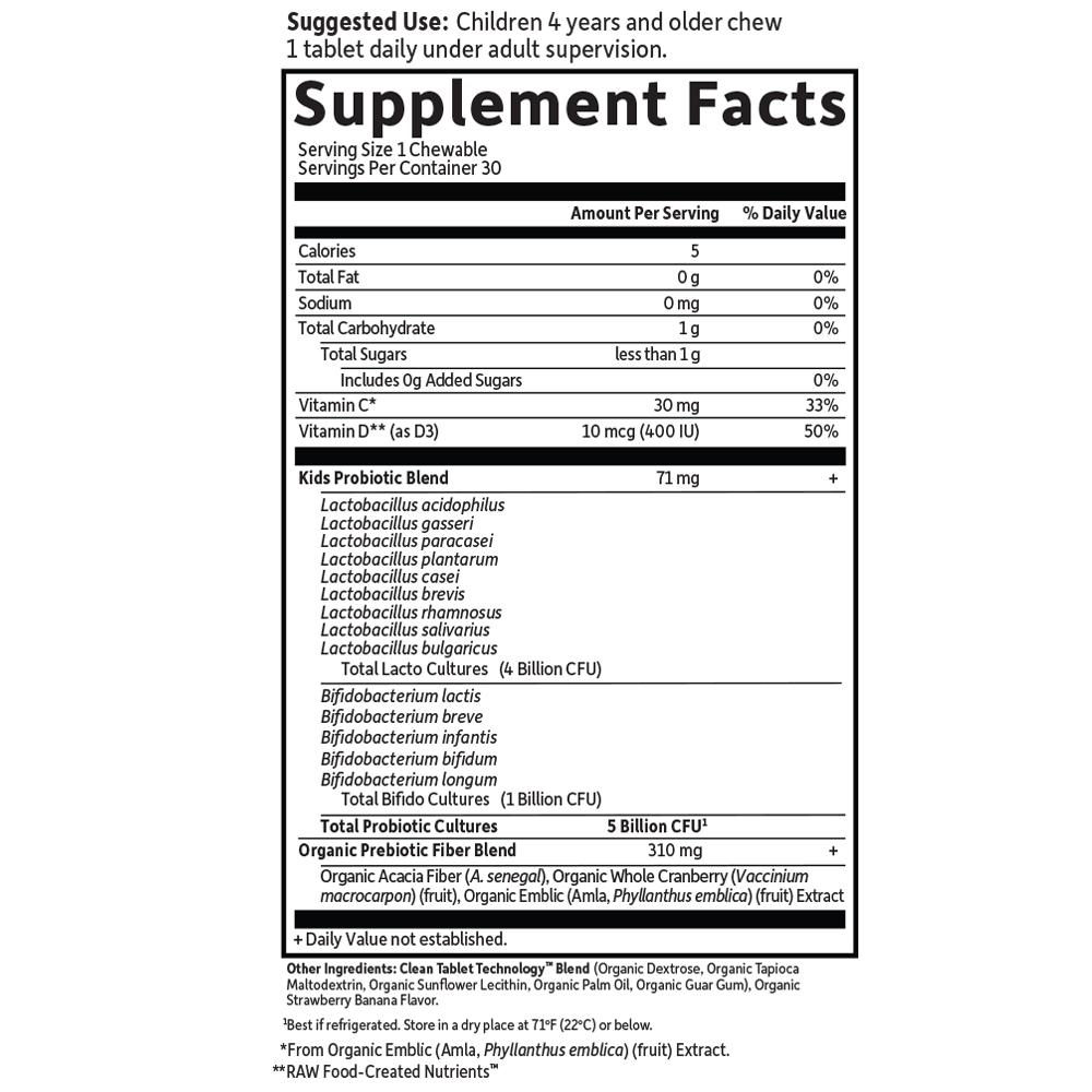 Tabela Nutricional Dr. Formulated Probiotics Organic Kids+ 5 Billion CFU Cooler - Organic Strawberry Banana