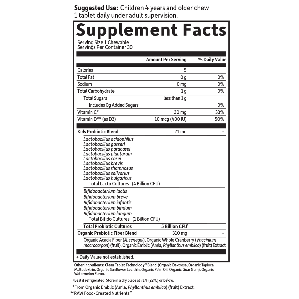 Tabela Nutricional Dr. Formulated Probiotics Organic Kids+ 5 Billion CFU Cooler - Organic Watermelon