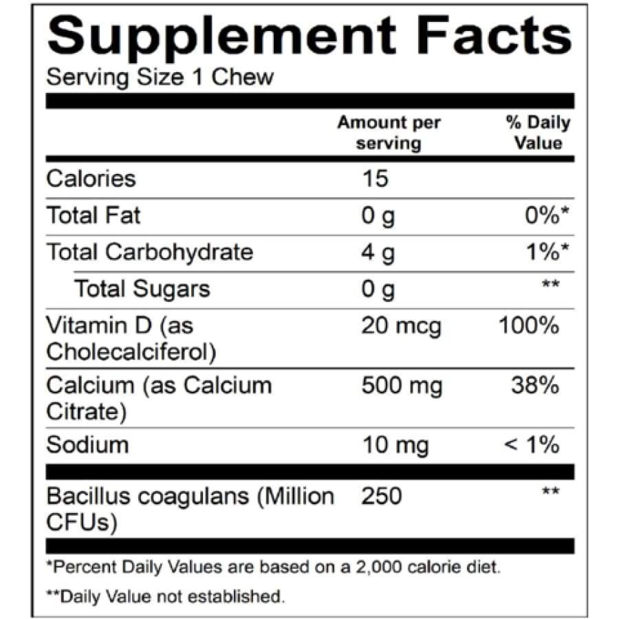 Tabela Nutricional BariatricPal Sugar-Free Calcium Citrate Soft Chews 500mg with Probiotics Vanilla Caramel