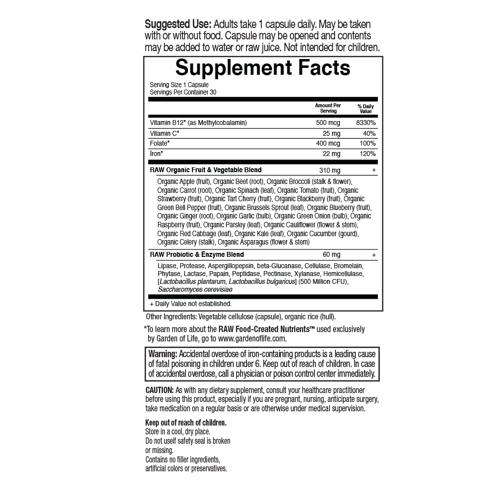 Tabela Nutricional Vitamin Code® RAW Iron 30 Vegan Capsules