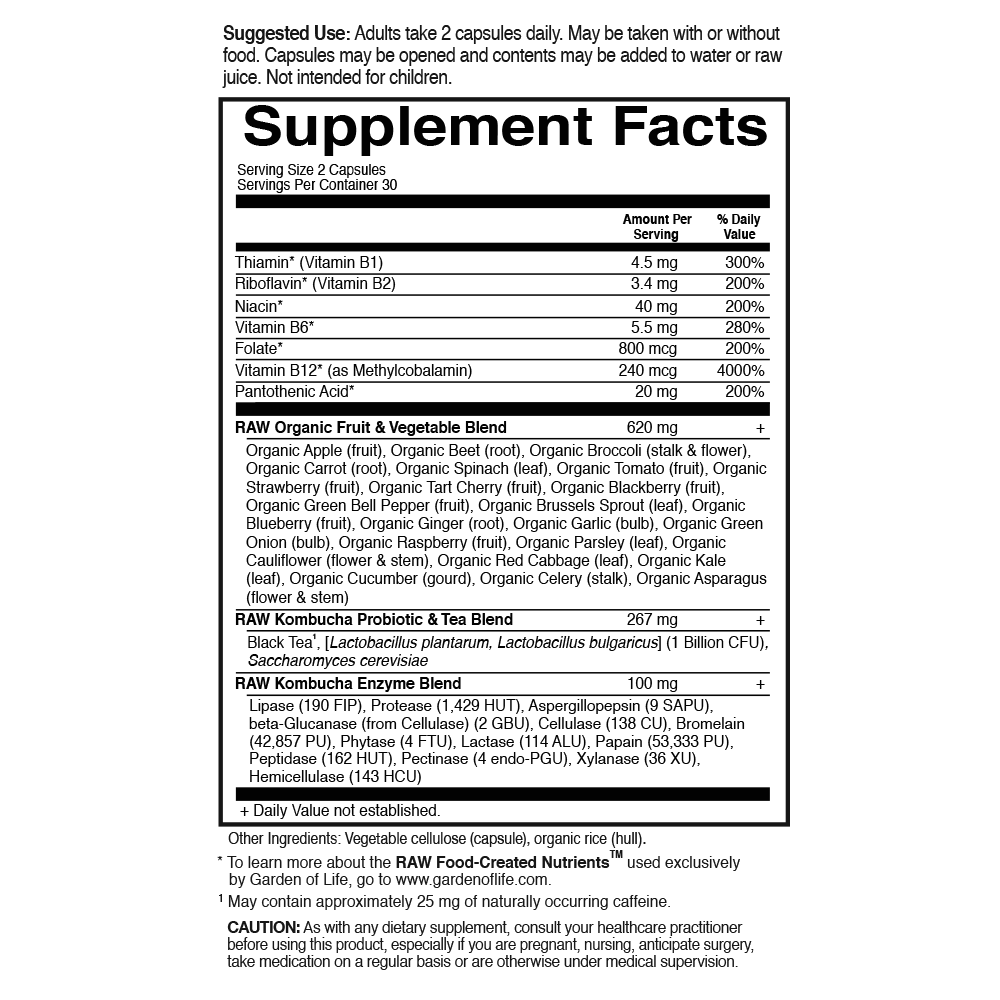 Tabela Nutricional Vitamin Code® RAW Kombucha 60 Vegetarian Capsules