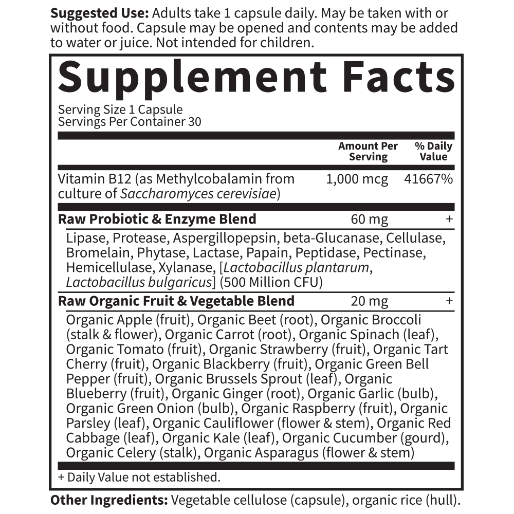 Tabela Nutricional Vitamin Code RAW B-12 1,000 mcg - 30 Vegan Capsules