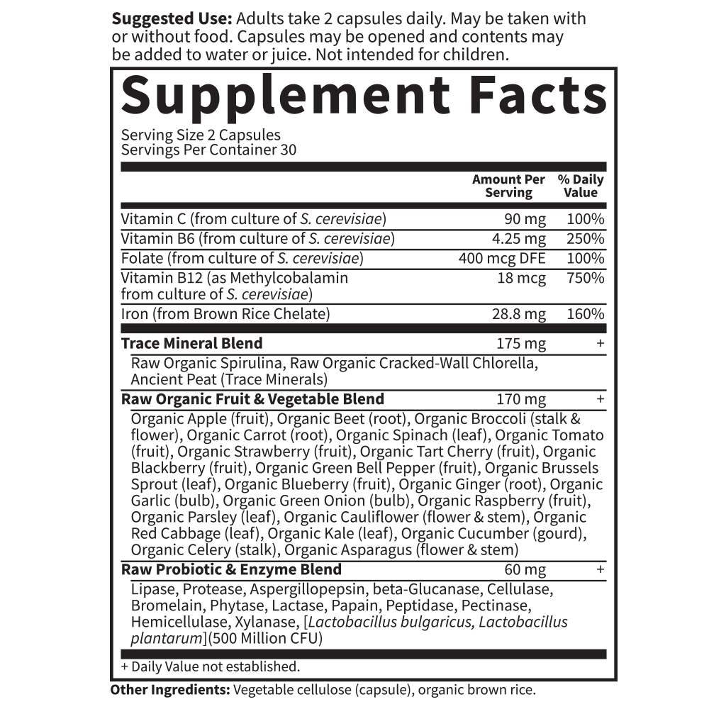 Tabela Nutricional Vitamin Code® Healthy Blood™ 60 Vegan Capsules