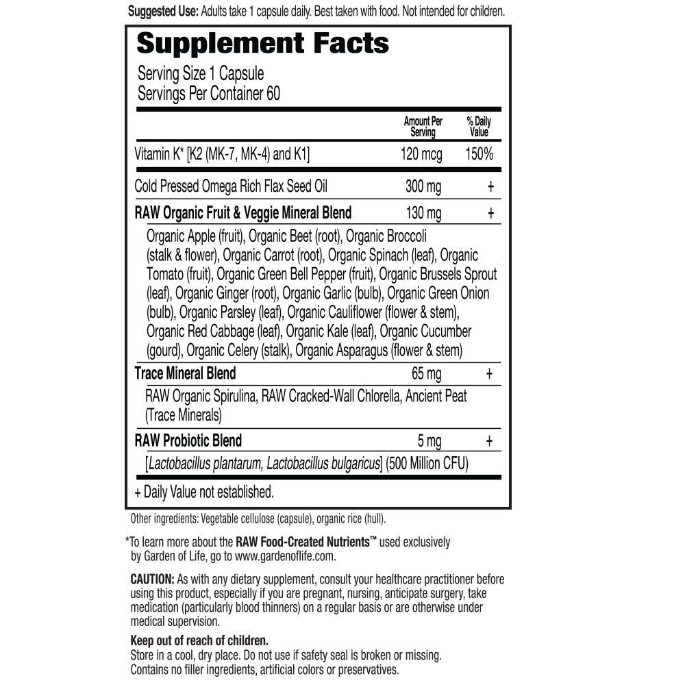 Tabela Nutricional Vitamin Code® Raw Vitamin K-Complex 60 Vegan Capsules