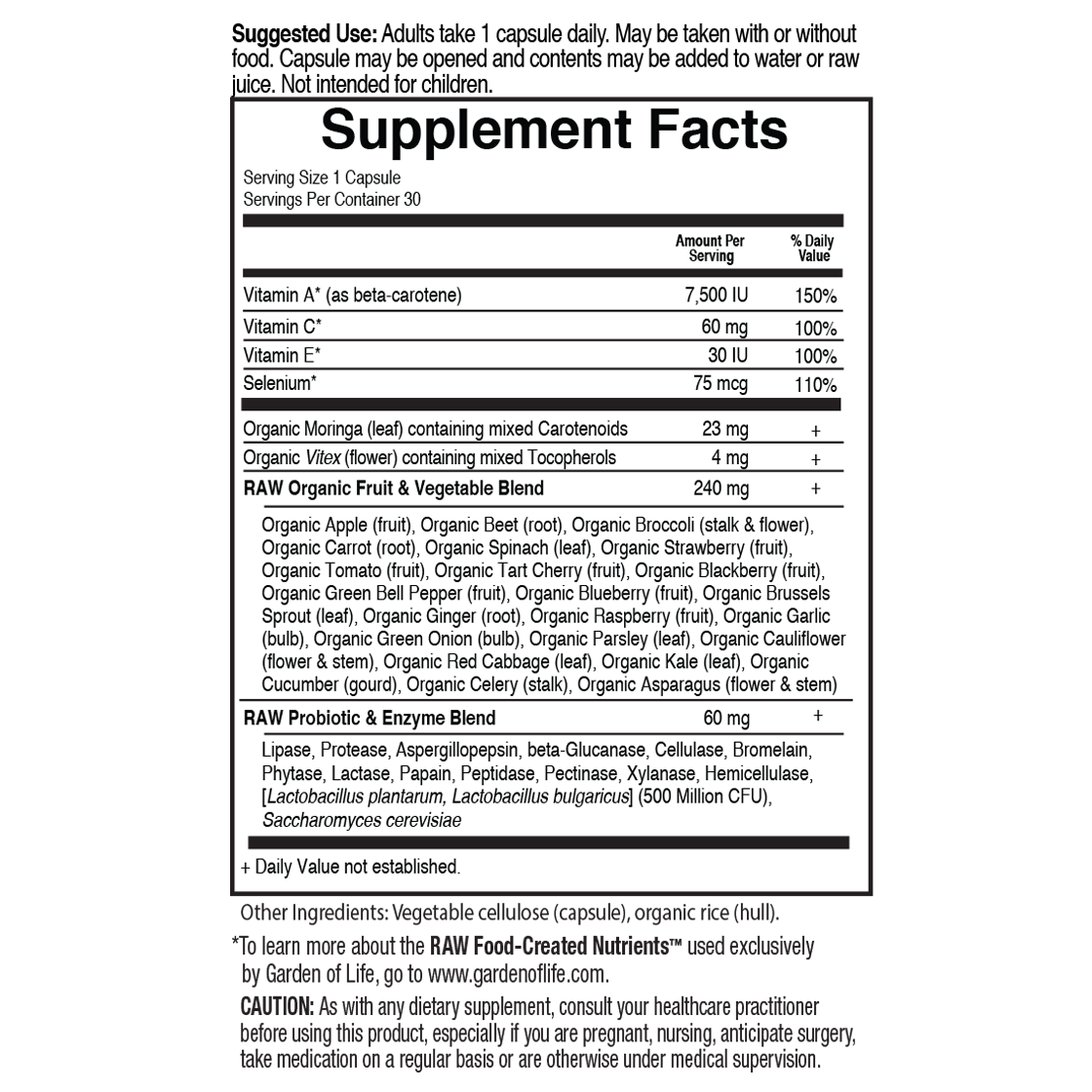Tabela Nutricional Vitamin Code RAW Antioxidants 30 Vegan Capsules