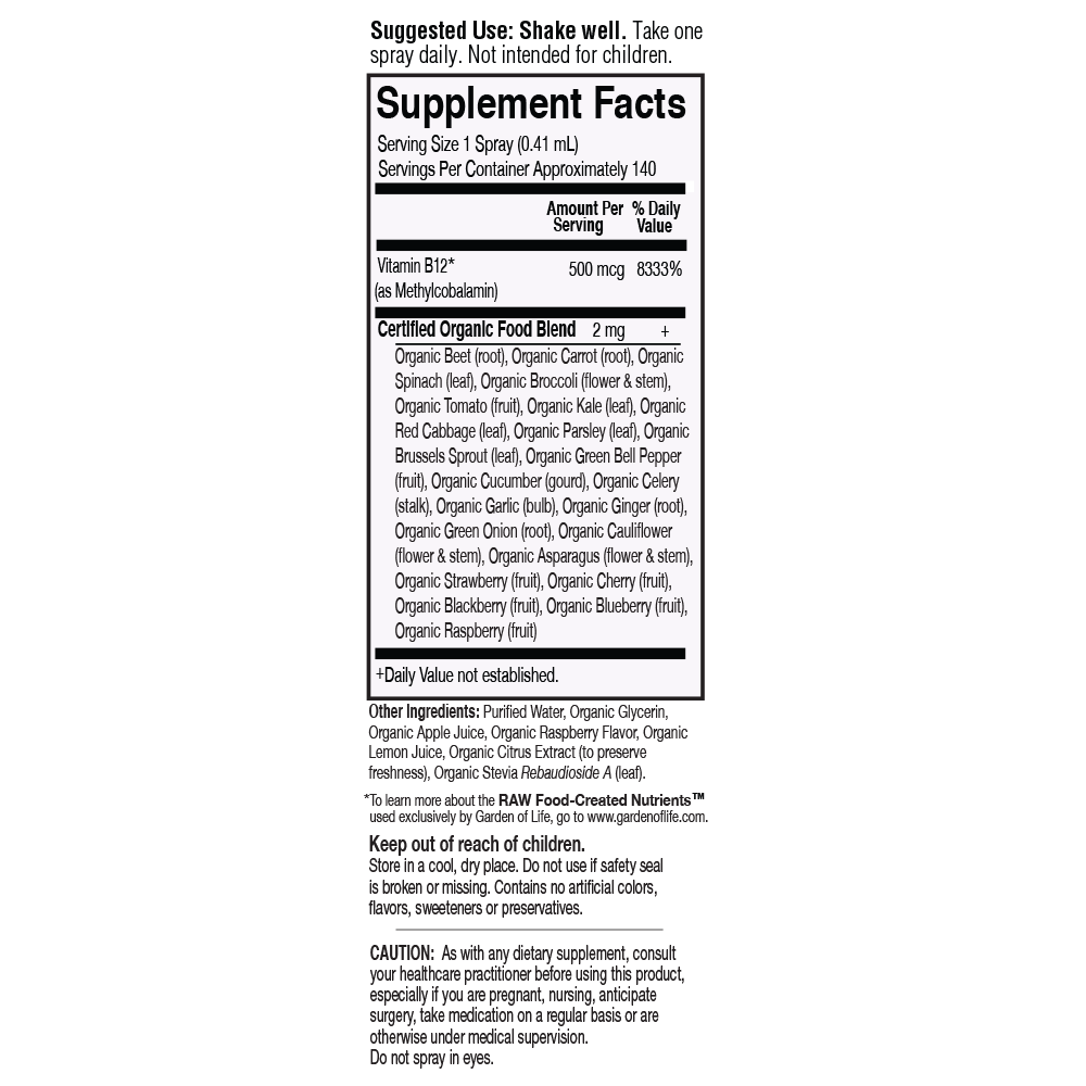 Tabela Nutricional Mykind Organics B-12 Organic Spray Raspberry - 2 fl oz (58 ml)