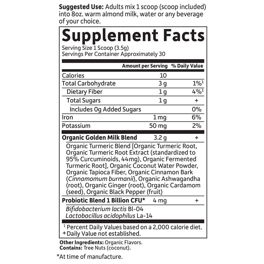 Tabela Nutricional Mykind Organics Golden Milk Powder 3.70 oz (105 g)