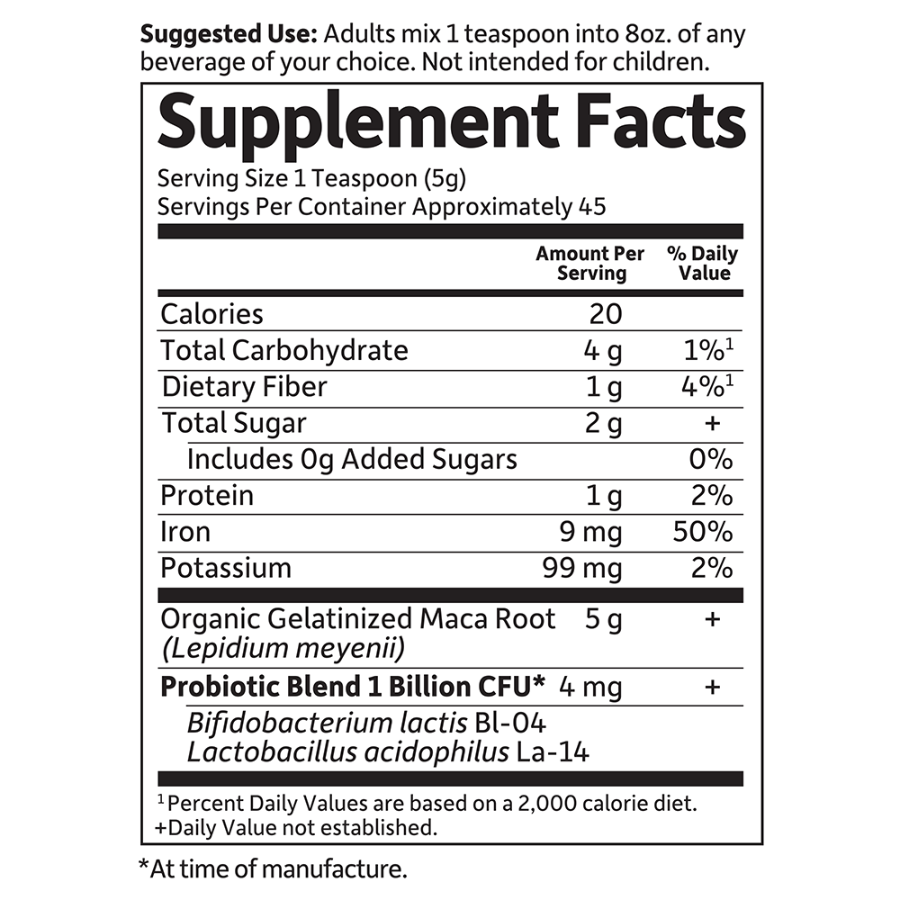 Tabela Nutricional Mykind Organics Maca Root Energy Boost† 7.93 oz (225 g)