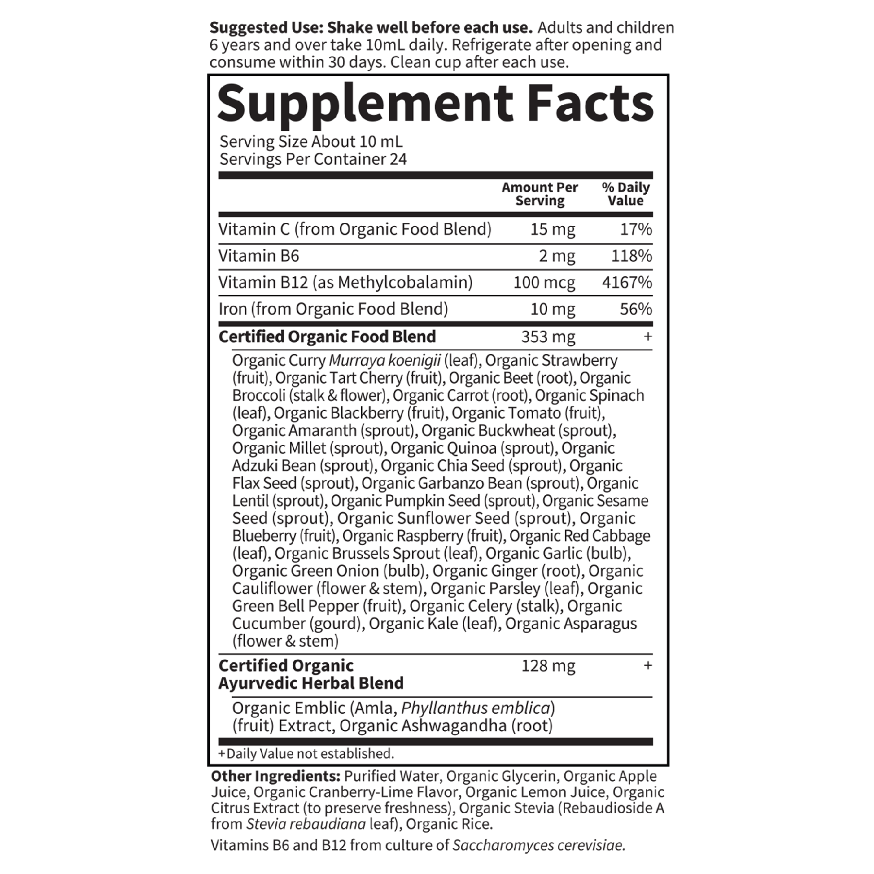 Tabela Nutricional mykind Organics Plant Iron & Organic Herbs Cranberry Lime - 8 fl oz (240 ml)