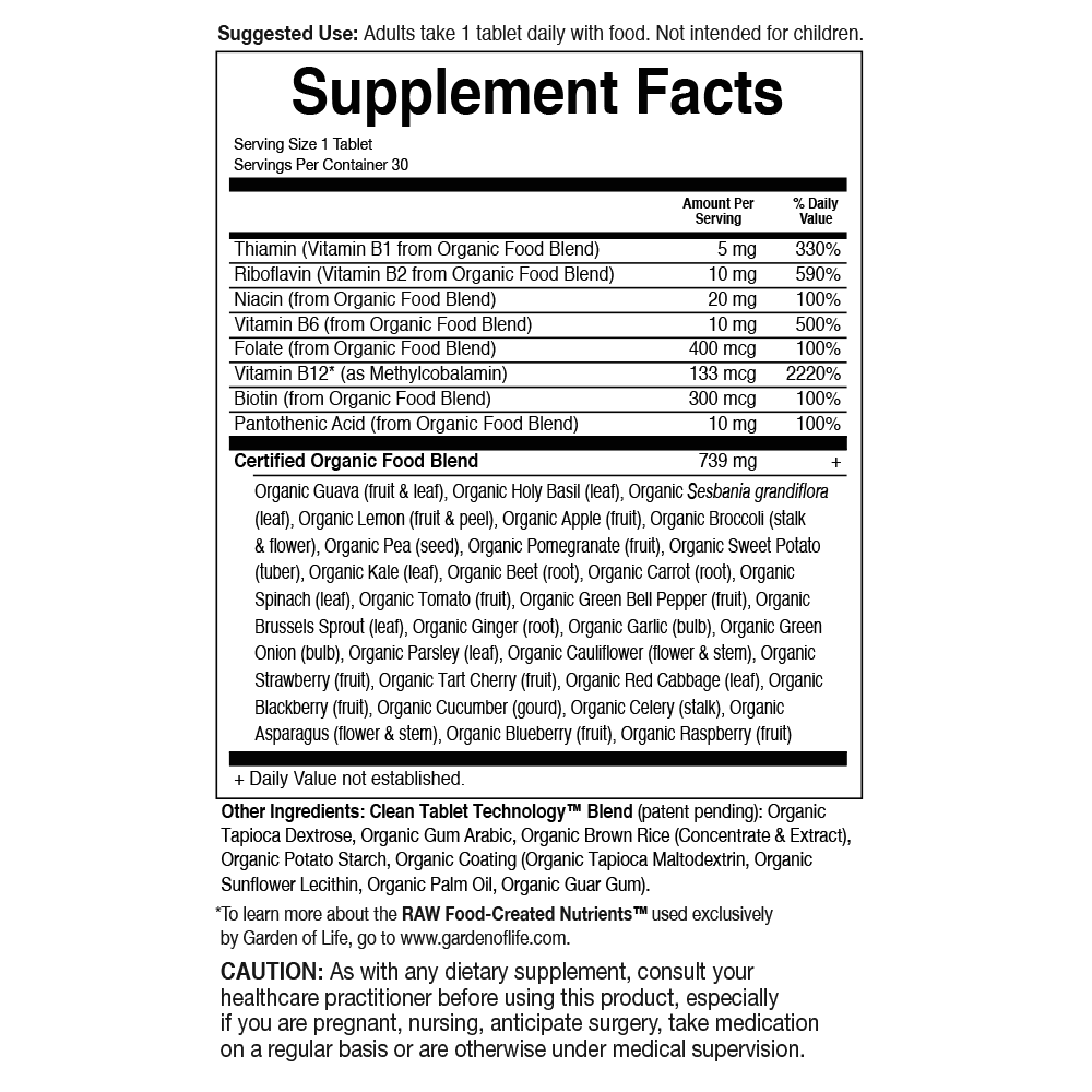 Tabela Nutricional Mykind Organics B-Complex Once Daily 30 Vegan tablets