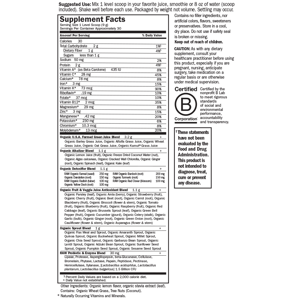 Tabela Nutricional Raw Organic Perfect Food Alkalizer & Detoxifier Powder - 9.94 oz(282 g)