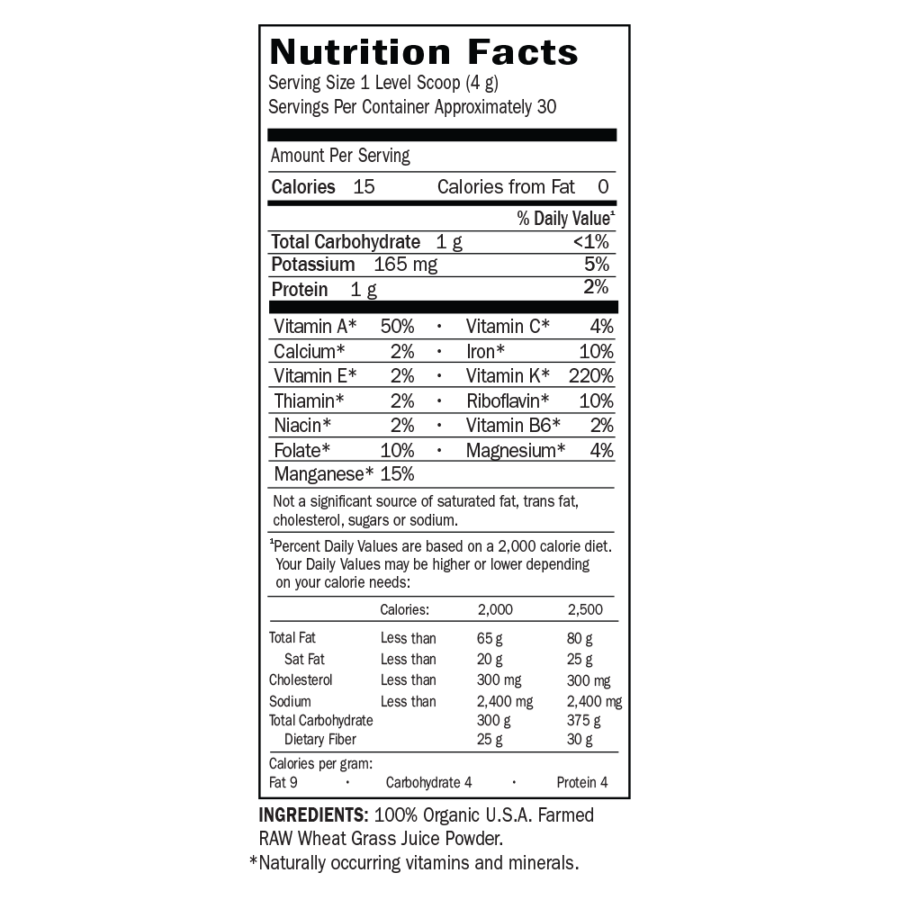 Tabela Nutricional RAW Organic Perfect Food 100% Organic Wheat Grass Juice Powder - 8.46 oz (240g)