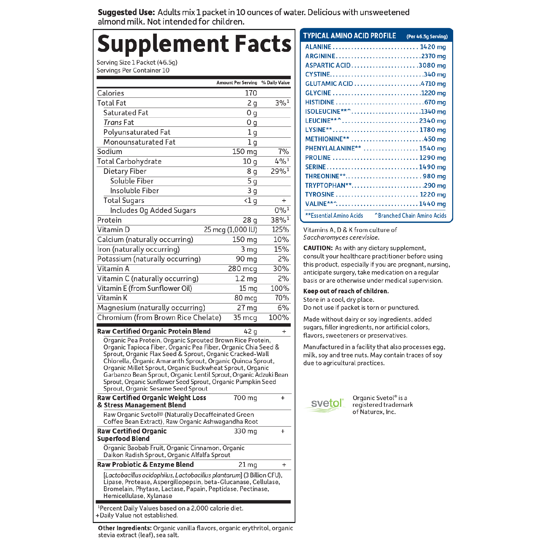 Tabela Nutricional Raw Organic Fit Protein Powder  10 Packets (46g Each)