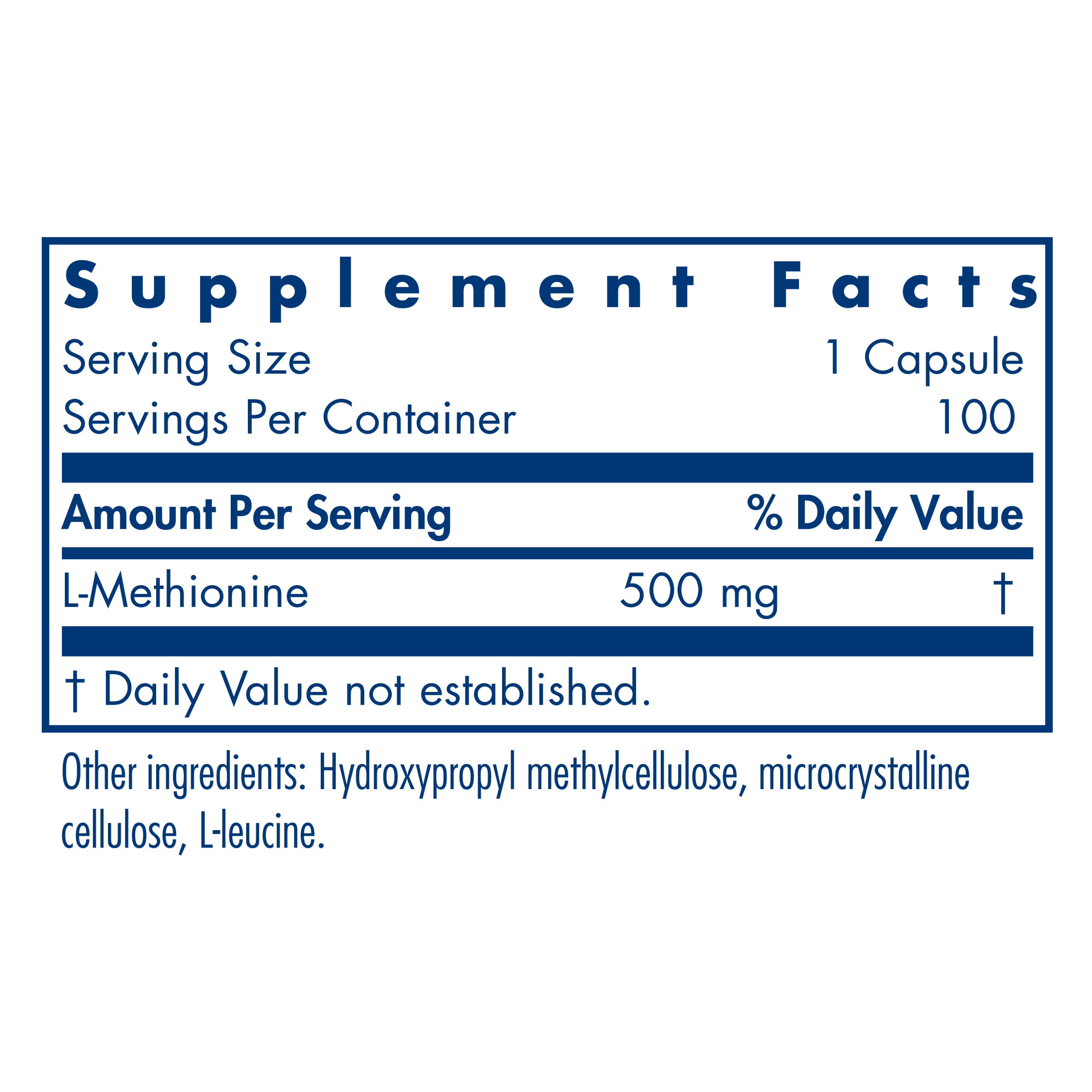 Tabela Nutricional L-Methionine 500 Mg 100 Vegetarian Caps